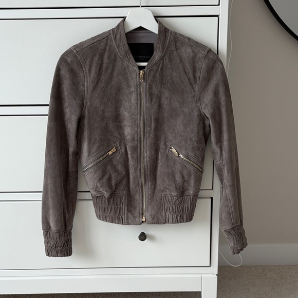Women’s Cocoa Grey Club Monaco suede leather bomber Jacket with Gold Zipper. - Picture 1 of 8